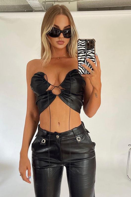 Black Faux Leather Ruched Adjustable Tie Detail Top