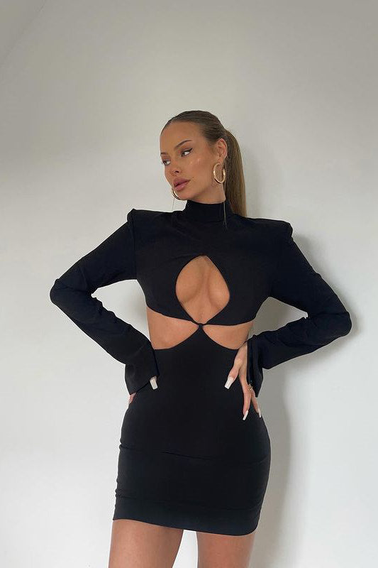 Black Keyhole Cut Out High Neck Mini Dress