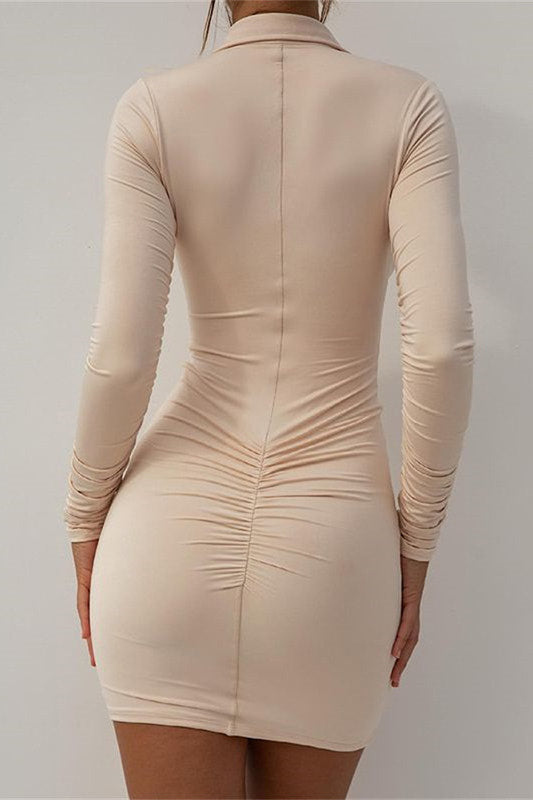 Beige Collared Button Down Bodycon Shirt Dress