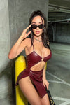 Wine Vegan Leather Cut Out Thigh Split Mini Dress