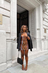 Brown Gradient Print Mesh Backless Mini Dress