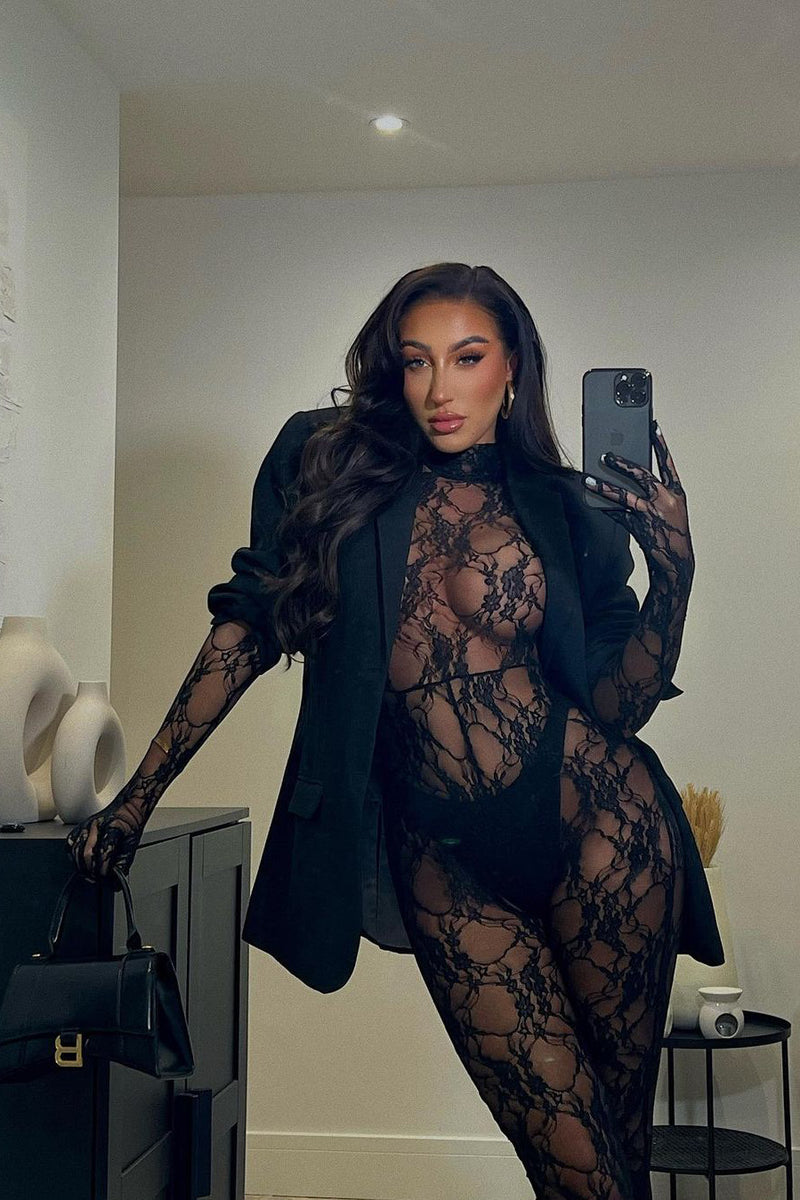 Black Lace High Neck Long Sleeve Glove Jumpsuit