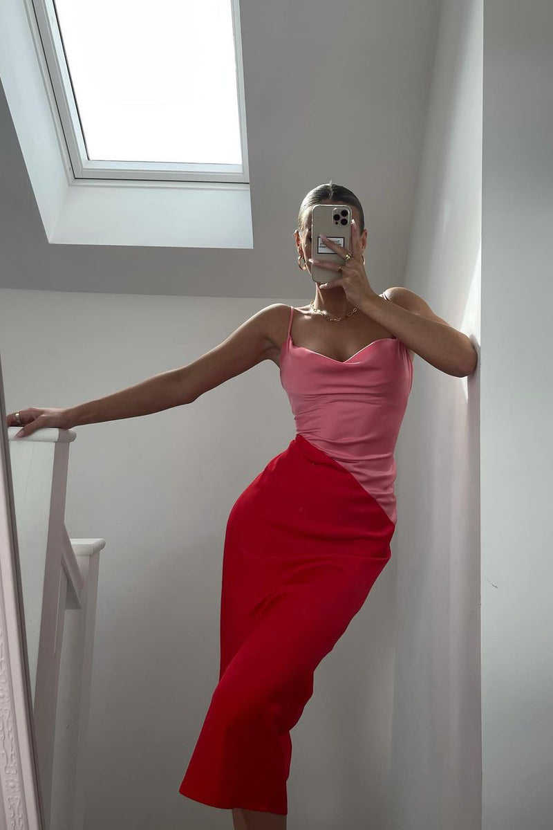 Pink Satin Cowl Neck Colour Block Midi Dress
