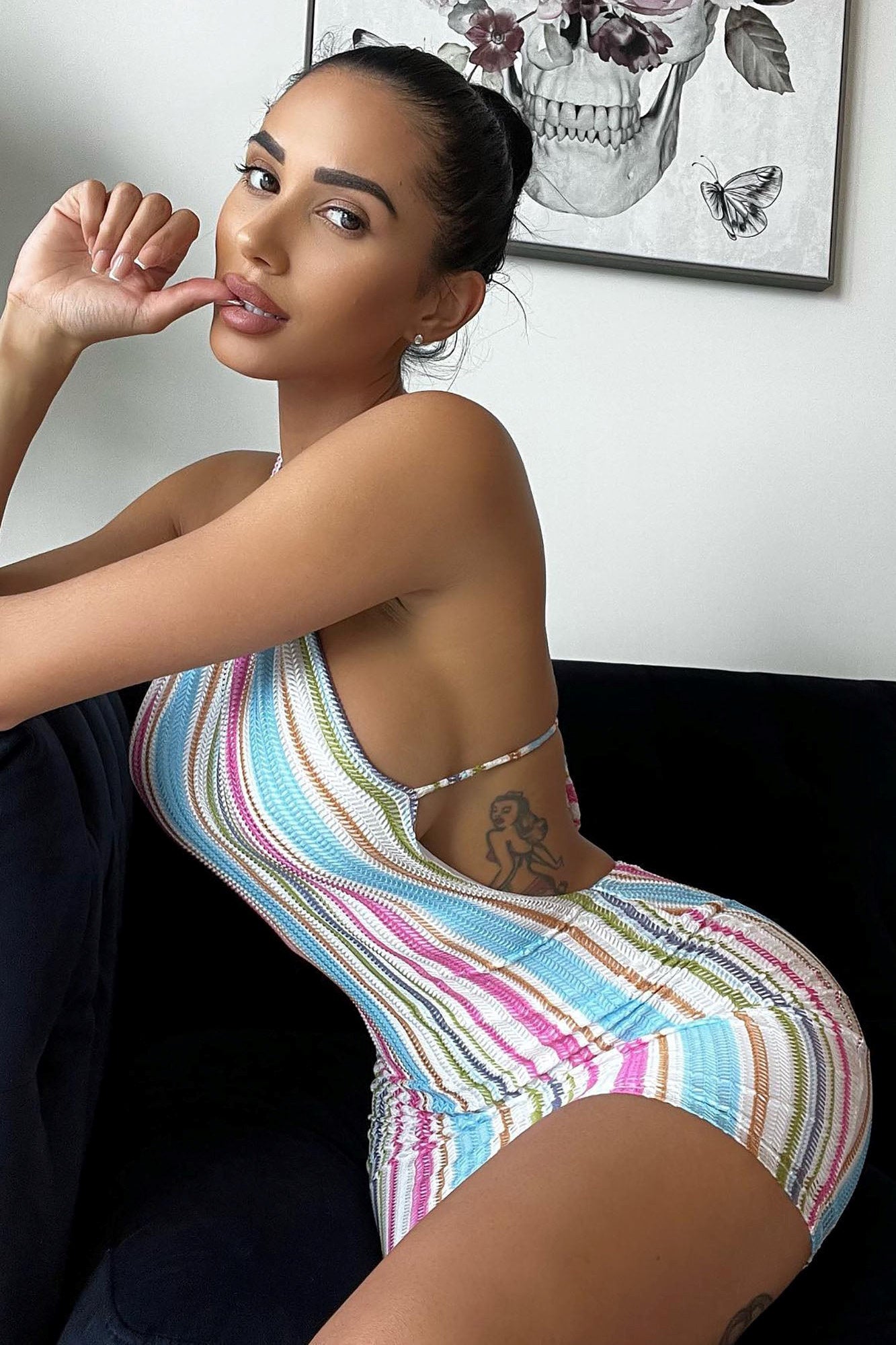 Multi Stripe Knit Halterneck Tie Back Mini Dress
