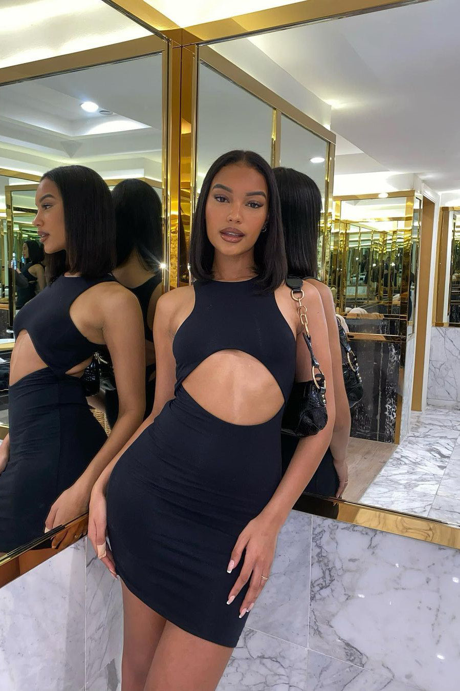Black Cut Out Detail Racer Neckline Mini Dress