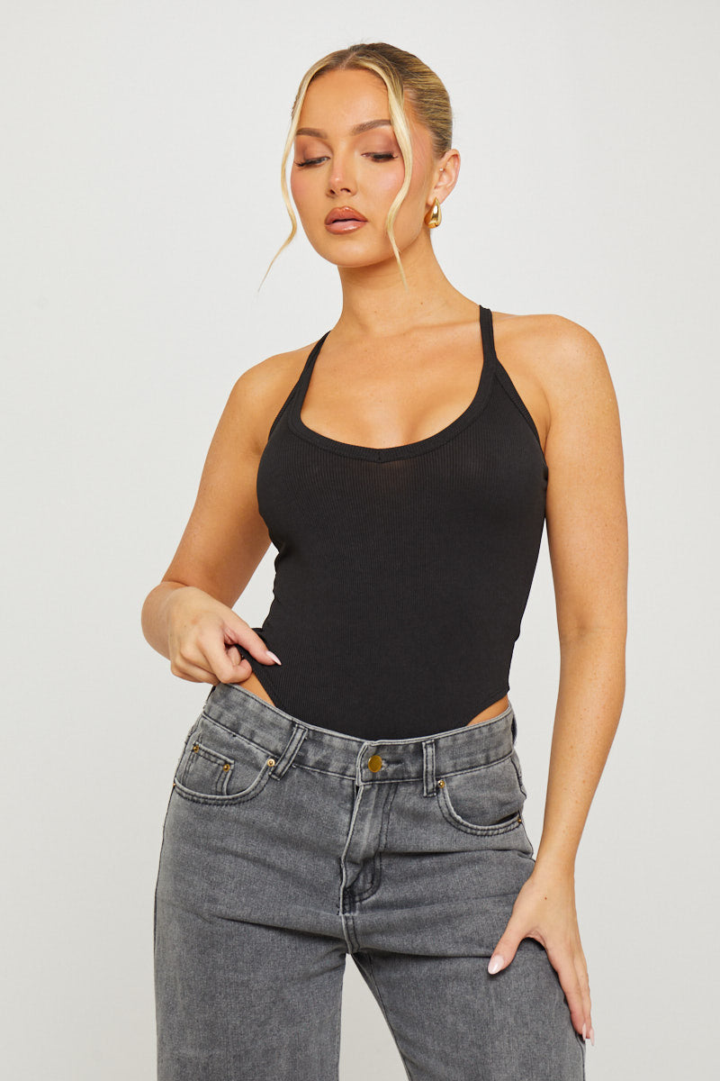Black Ribbed Plunge High Leg Bodysuit