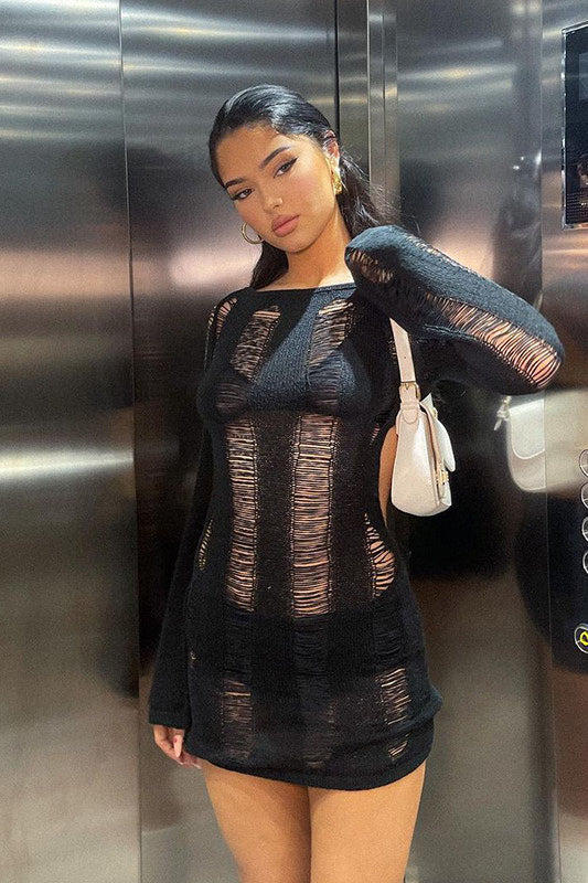 Black Shredded Backless Long Sleeve Knit Mini Dress
