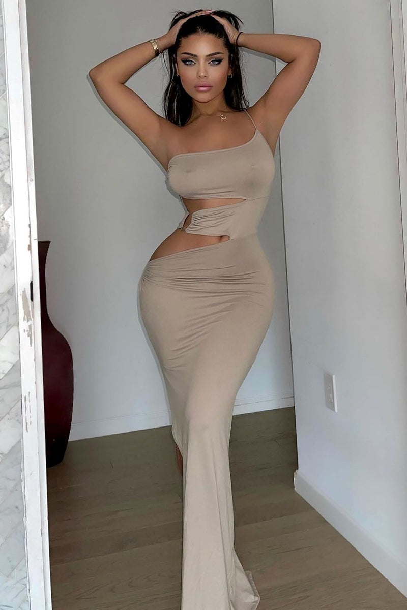 Taupe Ruched Cut Out Ring Detail Maxi Dress