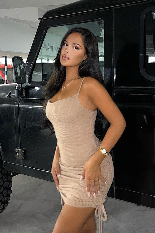 Beige Ribbed Ruched Side Drawstring Mini Dress