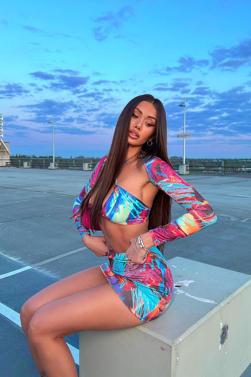 Multi Graffiti Print Halterneck Mini Skirt & Crop Top