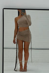 Mocha Asymmetric Drawstring One Shoulder Top & Mini Skirt