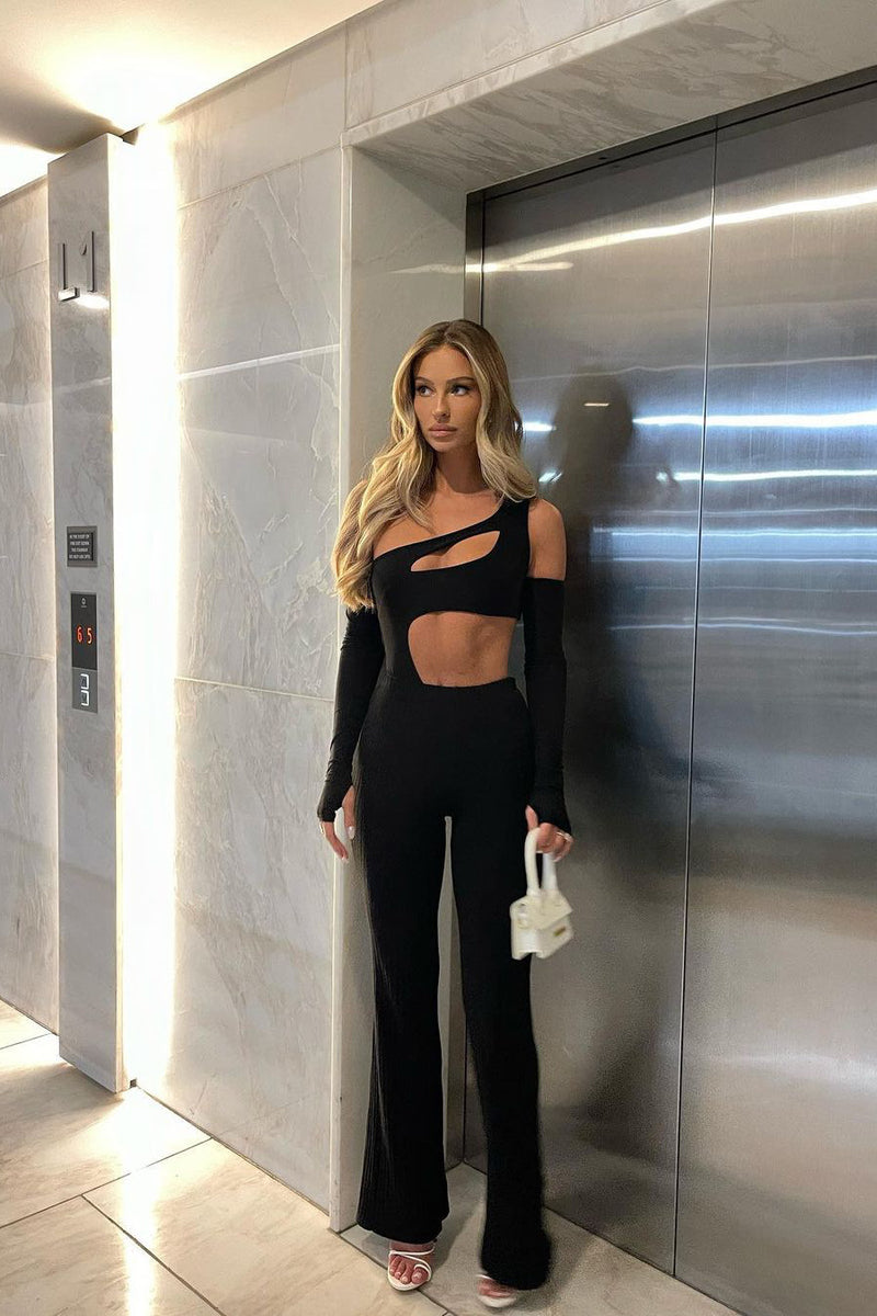 Black Cut Out Detail One Shoulder Jumpsuit