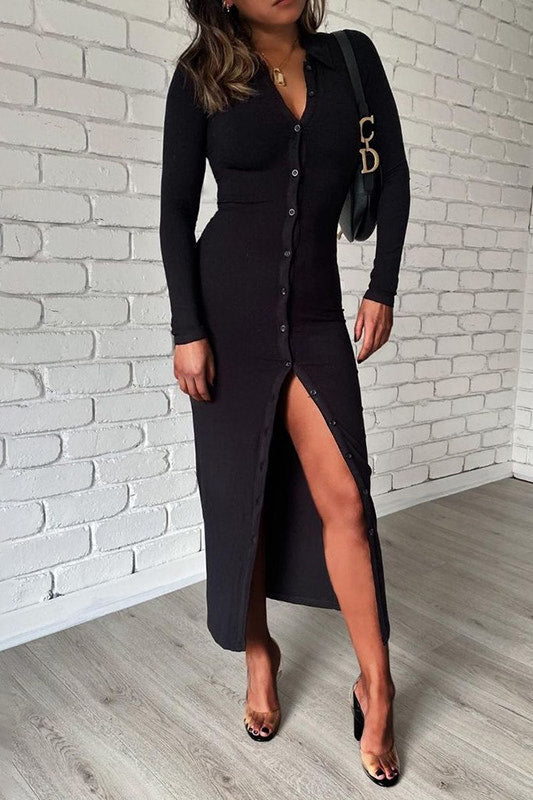 Black Ribbed Button Long Sleeve Polo Maxi Dress