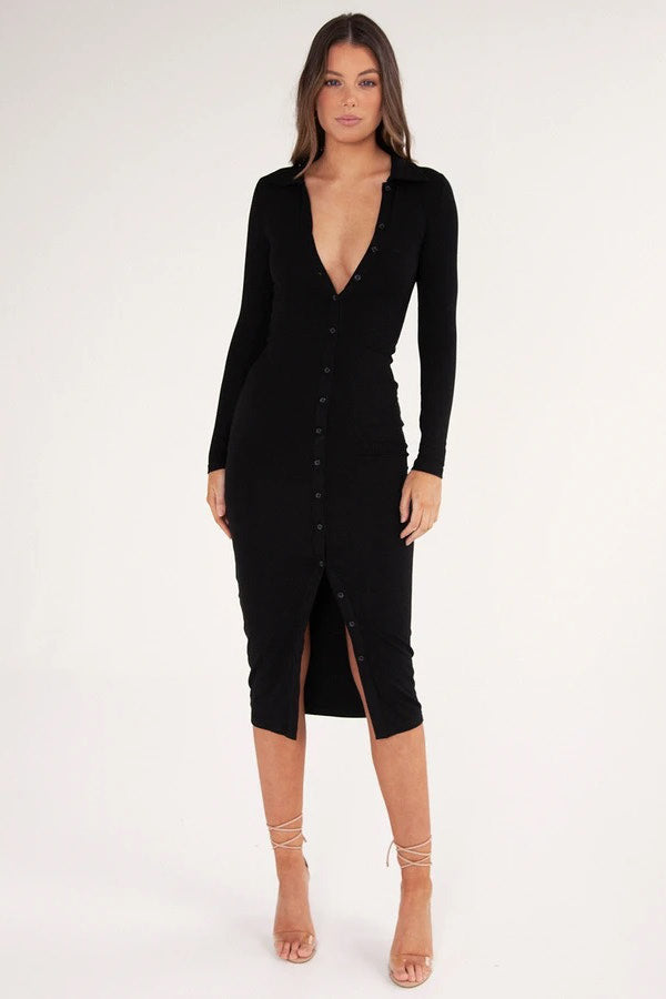 Black Ribbed Button Long Sleeve Polo Maxi Dress