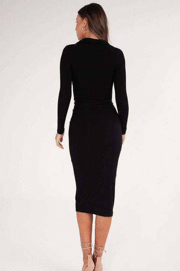 Black Ribbed Button Long Sleeve Polo Maxi Dress