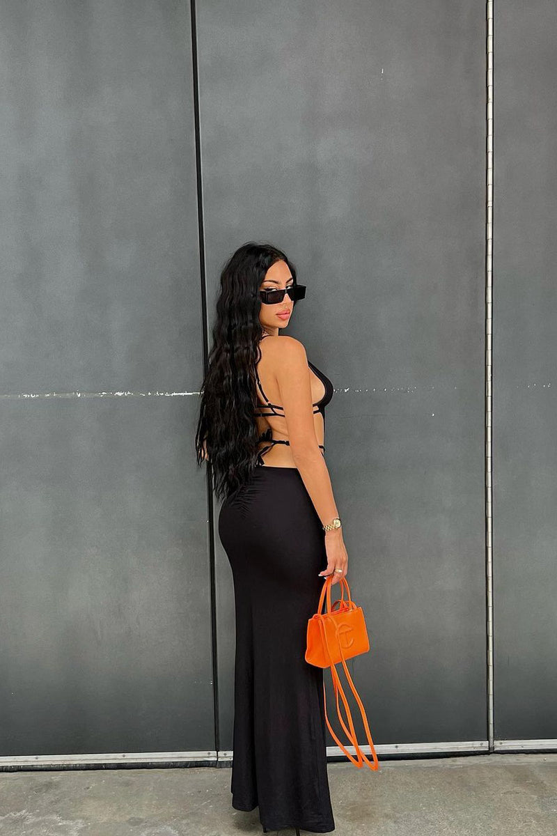 Black Plunge Adjustable Strap Open Back Maxi Dress