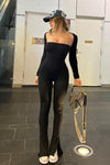 Black Open Detail Long Sleeve Split Hem Jumpsuit