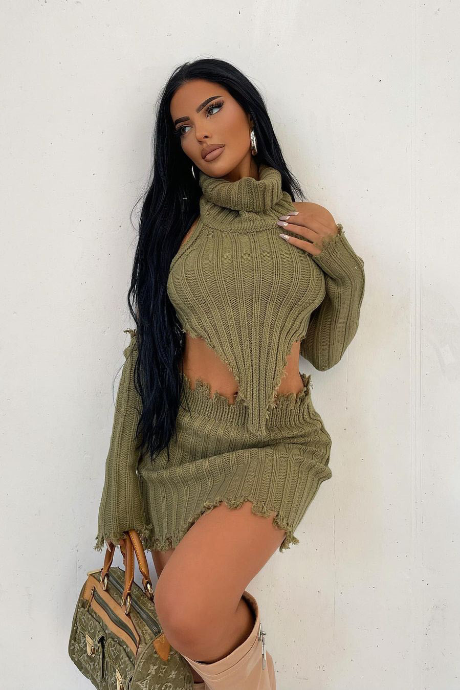 Khaki Chunky Knit Distressed Crop Top & Mini Skirt