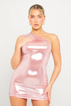 Pink Metallic One Shoulder Ruched Mini Dress