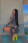 Grey Ruched Mesh Sleeve Cut Out Mini Dress