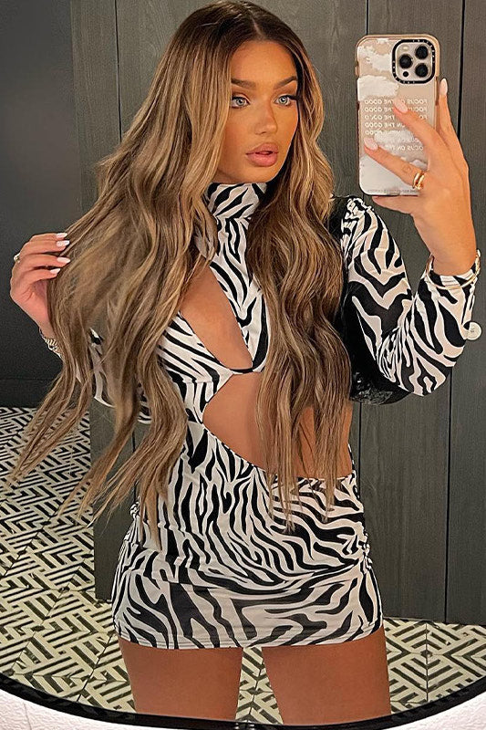 Zebra Print High Neck Cut Out Split Mini Dress