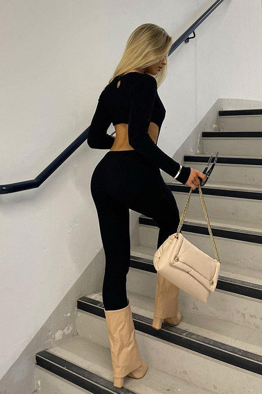 Black Knitted Cut Out Long Sleeve Jumpsuit
