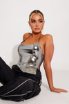 Silver Metallic Asymmetric Halterneck Crop Top