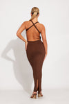 Brown Ribbed High Neck Cross Back Maxi Dress