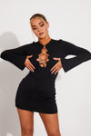 Black Ribbed Lace Up Long Sleeve Mini Dress