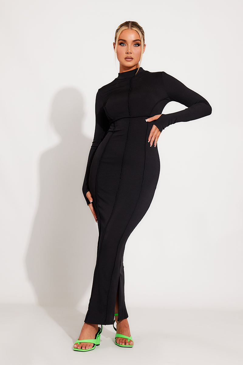 Black Ribbed High Neck Seam Detail Split Maxi Dress