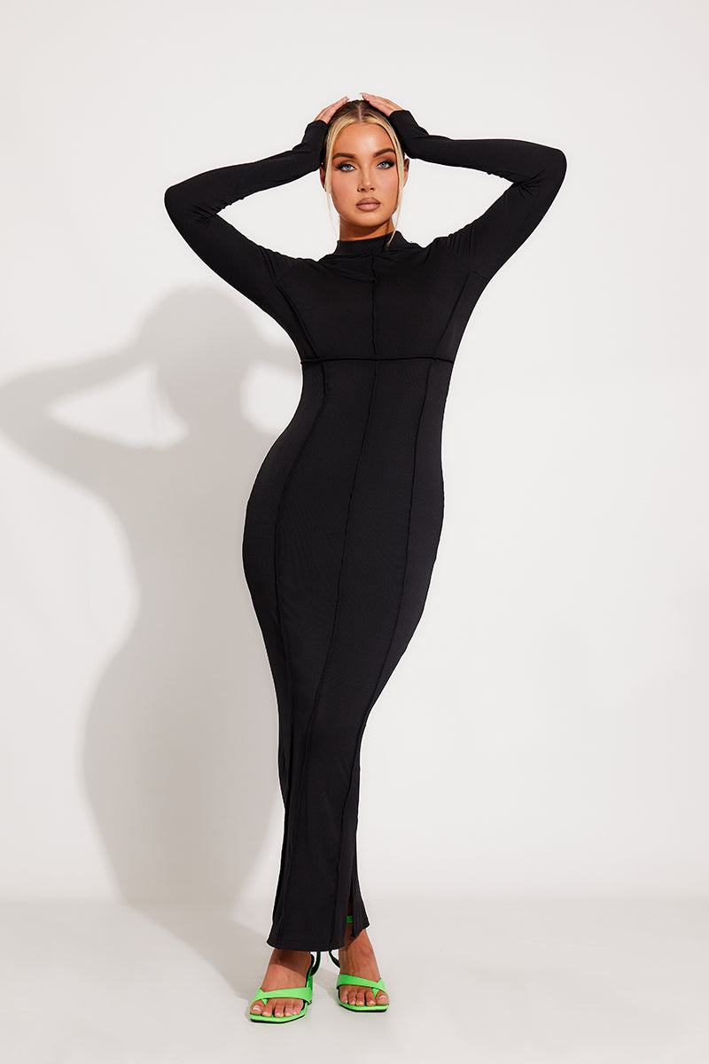 Black Ribbed High Neck Seam Detail Split Maxi Dress