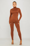 Brown Turtleneck Long Sleeve Jumpsuit