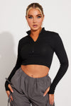 Black Ribbed Zip Detail Long Sleeve Crop Top