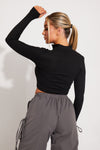 Black Ribbed Zip Detail Long Sleeve Crop Top