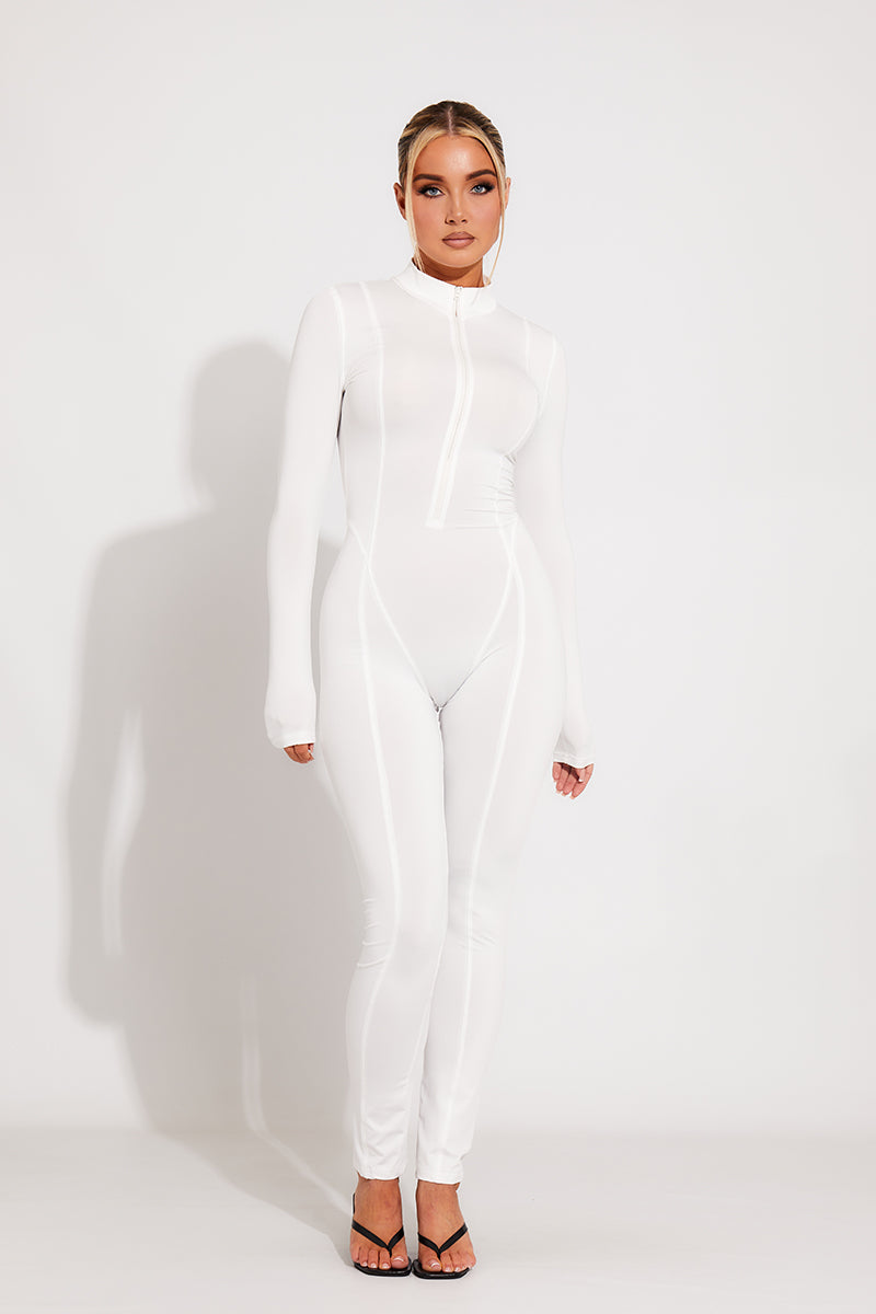 White High Neck Seam Detail Sportline Jumpsuit