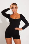 Black Seamless Square Neck Long Sleeve Playsuit