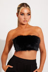 Black Fluffy Faux Feather Bandeau Crop Top