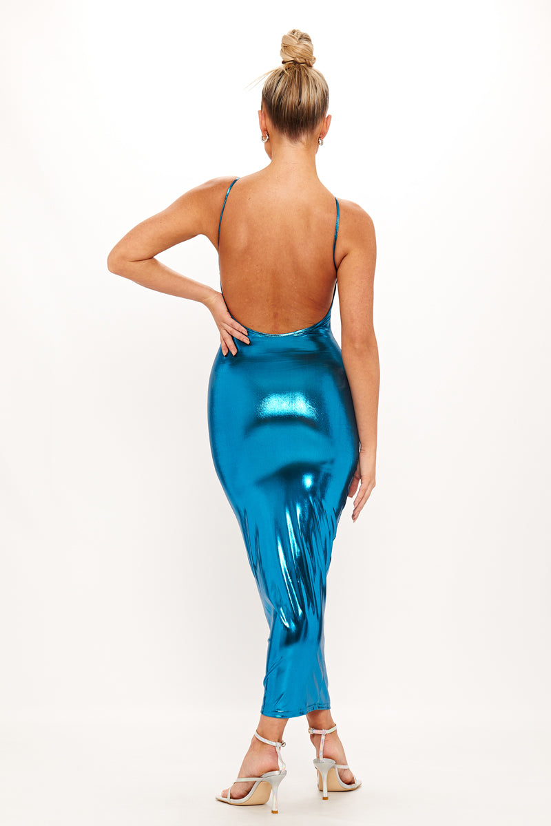 Blue Metallic Sleeveless Backless Bodycon Midaxi Dress