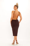 Brown Halter Ruched Backless Bodycon Midi Dress