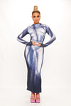 Blue High Neck Body Print Bodycon Maxi Dress