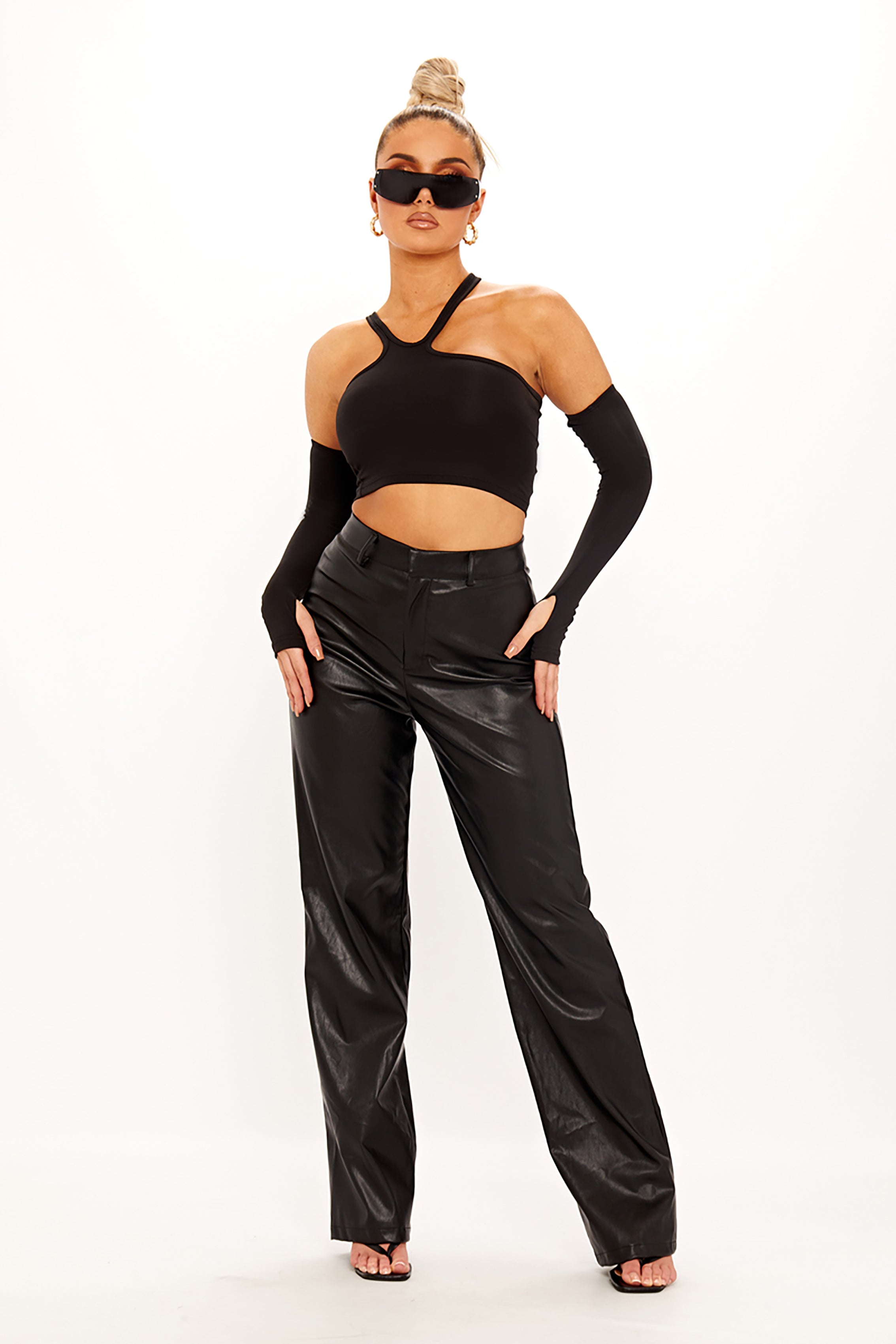 Black Asymmetric Cut Out Crop Top With Sleeves