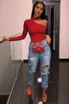 Red One Shoulder Cut Out Choker Bodysuit
