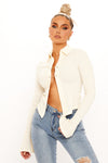 Cream Textured Open Front Collared Bell Sleeve Shirt