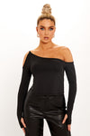 Black Off Shoulder Split Detail Long Sleeve Crop Top