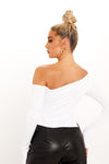 White Off Shoulder Split Detail Long Sleeve Crop Top