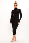 Black Ribbed Turtleneck Long Sleeve Midi Dress