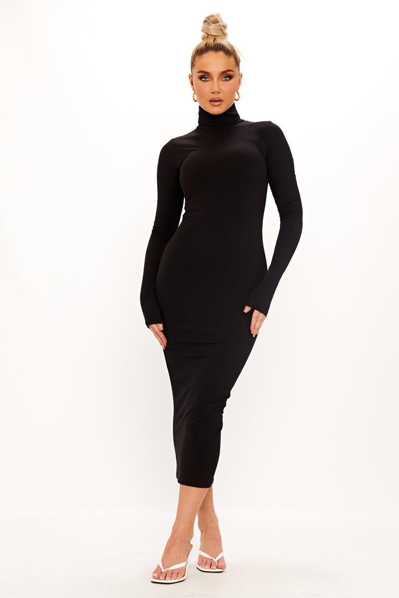 Black Ribbed Turtleneck Long Sleeve Midi Dress