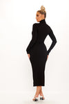 Black Ribbed Turtleneck Long Sleeve Midi Dress