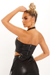 Black Faux Leather Halter Tassel Detail Crop Top