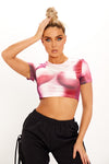 Red Body Print Tie Dye Short Sleeve Crop Top